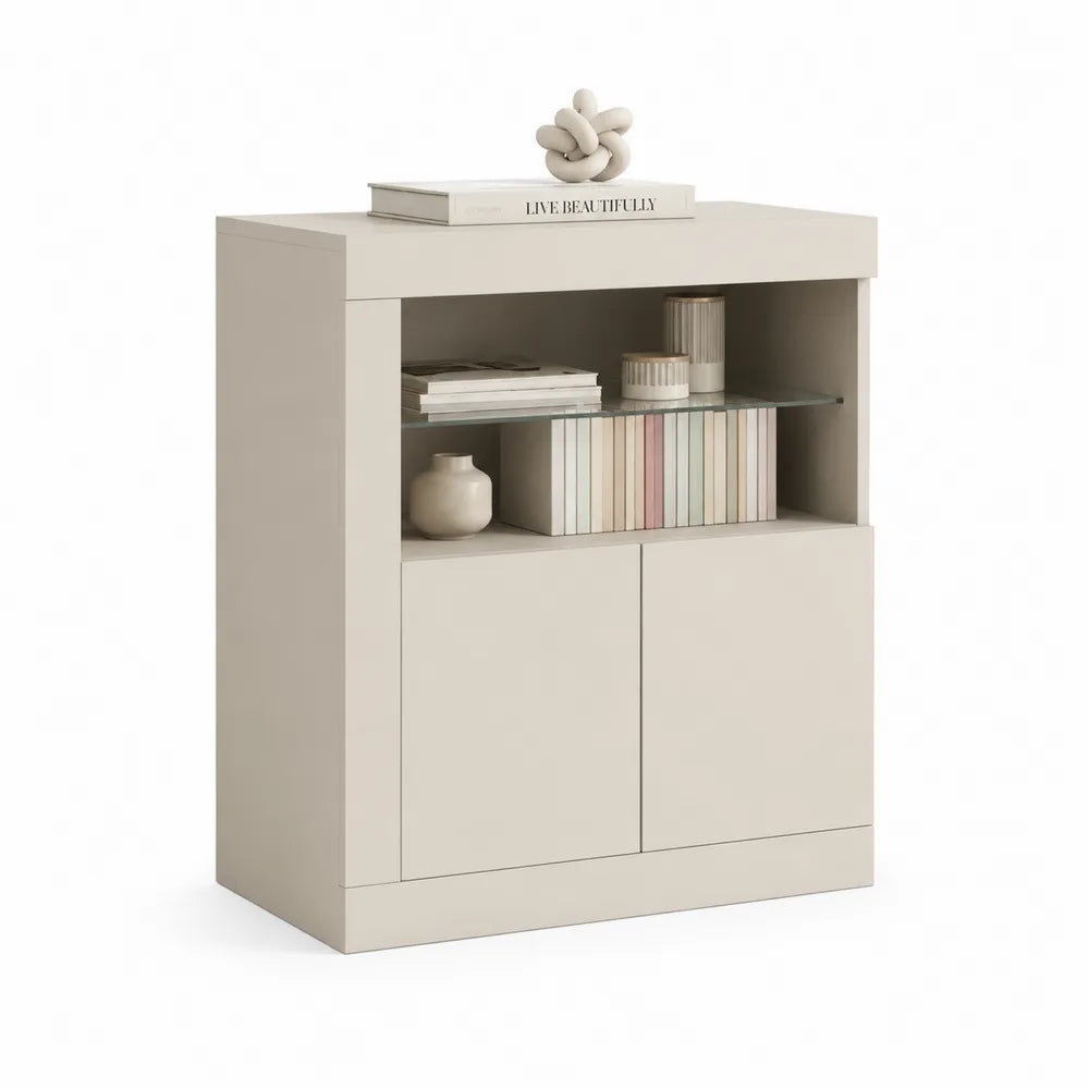 Sideboard Kommode rechteckig mit Glasablage offenes Fach 2 Türen Beige 100 x 35 x 90 cm