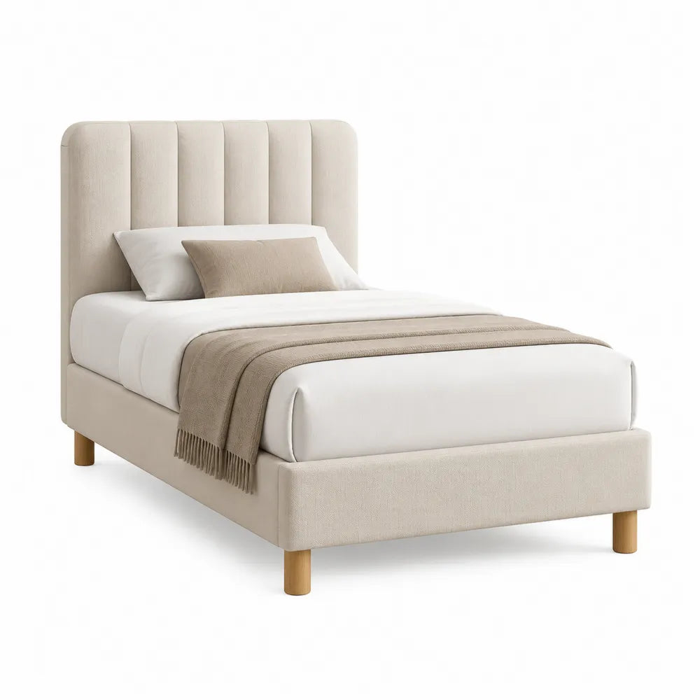 Polsterbett 90 cm 200 cm mit vertikal gesteppter Rückenlehne MDF Spanplatte Polyester Beige rechteckig Holzbeine