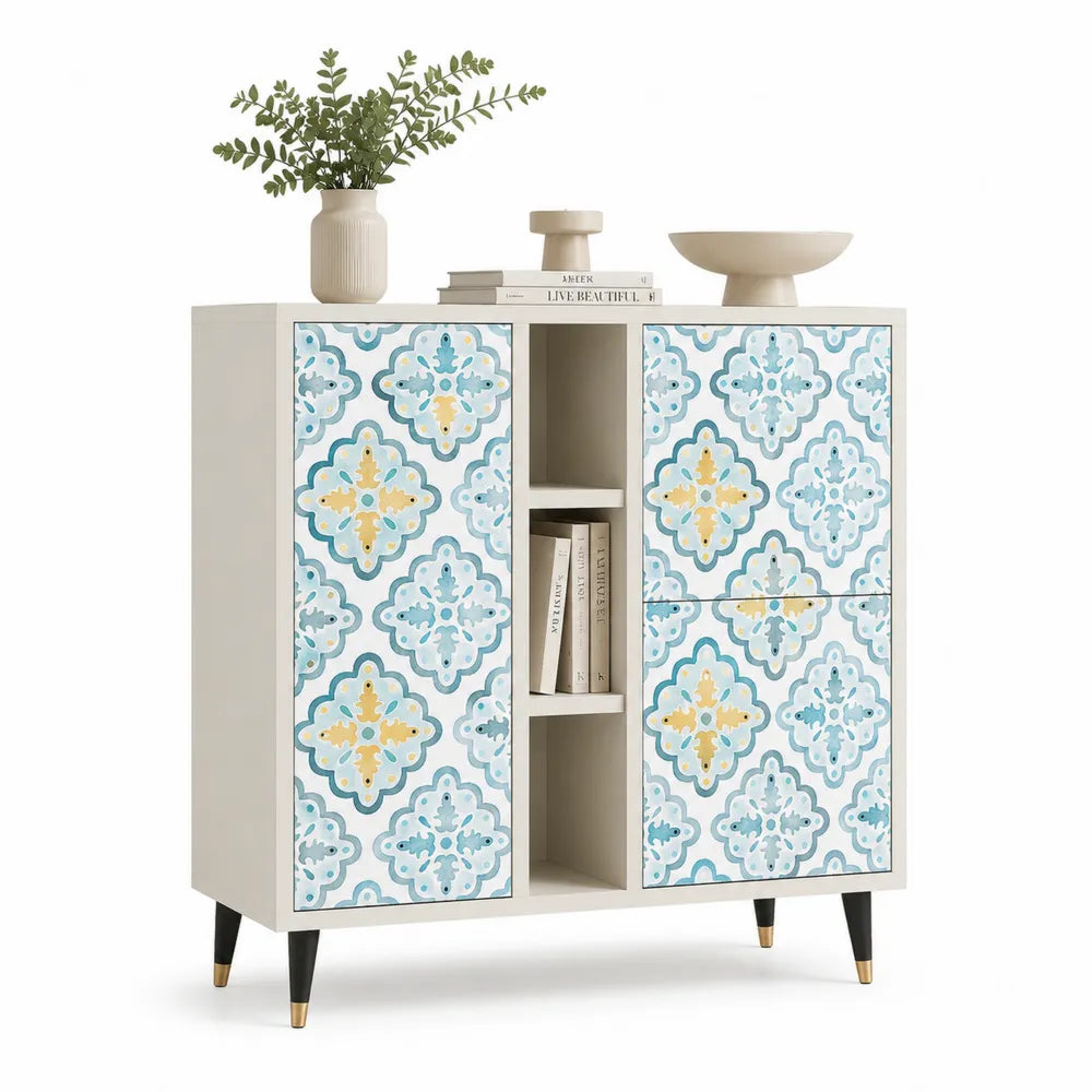 Sideboard Kommode rechteckig mit Musterfront 2 Türen offenes Fach MDF Korpus Metallbeine Schwarz Gold 120 x 40 x 80 cm
