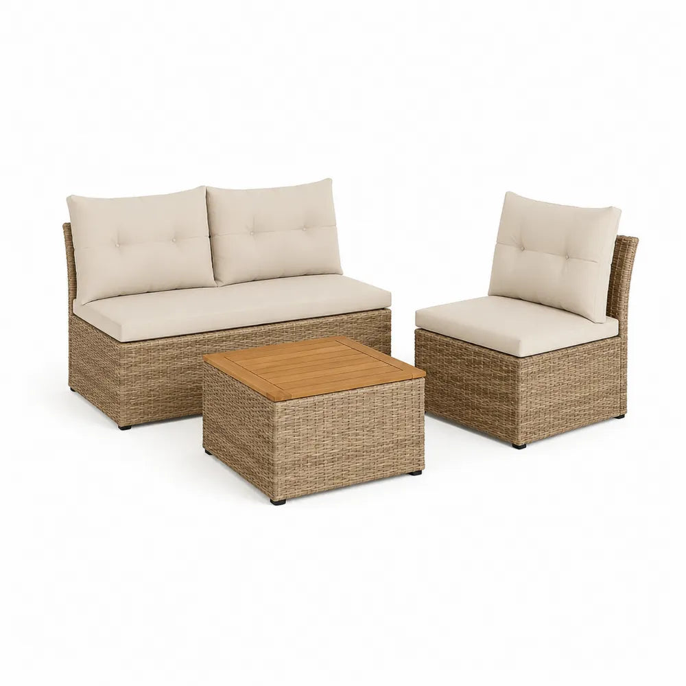 Gartenmöbel Set 3-teilig Rattan Sofa 2-Sitzer Sessel Beistelltisch Holzoptik Beige Natur 130 cm 70 cm 50 cm