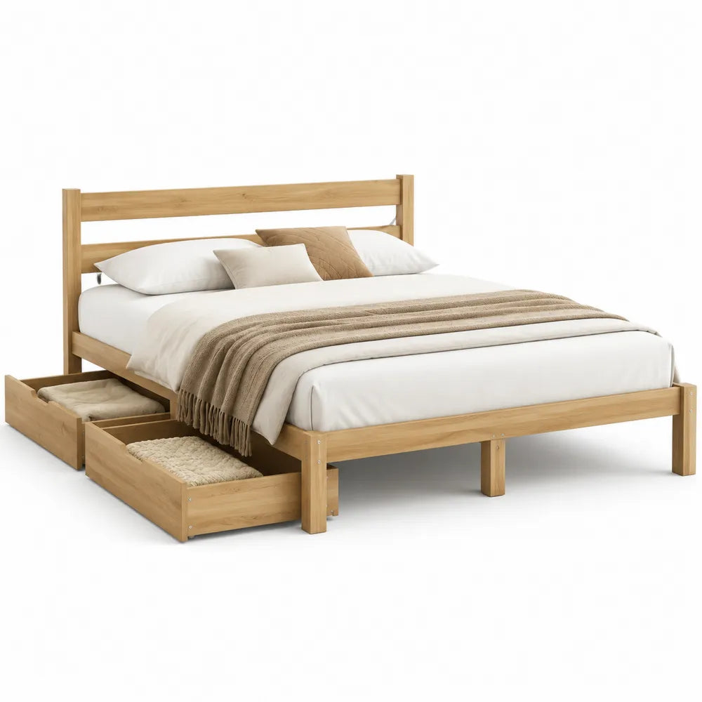 Stauraumbett Bettgestell mit 2 Schubladen 160 x 200 cm Massivholz Holz Eichefarben rechteckig