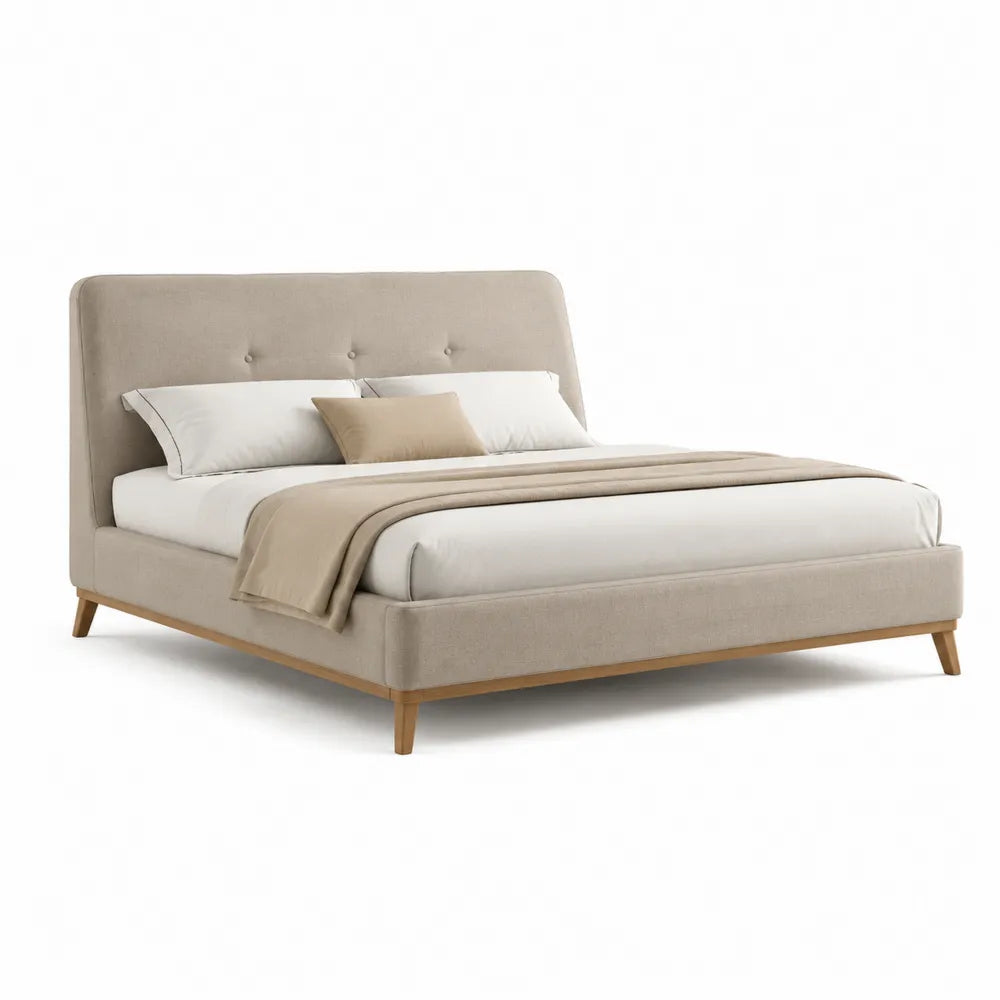 Polsterbett Doppelbett 180 x 200 cm Stoffbezug mit Knopfheftung gepolstertes Kopfteil Beige Holzfarben rechteckig