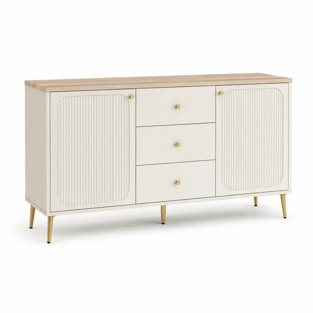 Sideboard 150 x 40 x 85 cm Eichenholzoptik Creme mit 3 Schubladen und 2 Türen geriffelte Front Gold Metallfüße