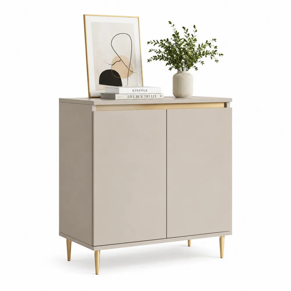 Sideboard 80 x 40 x 90 cm Holzoptik Eiche Beige mit 2 Türen und Metallfüßen Gold