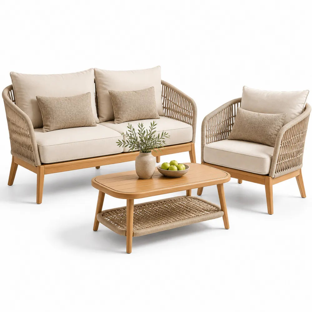 Gartensofa Lounge Set 3-teilig 2-Sitzer Sessel Couchtisch Polyrattan Holz Naturbeige 210 x 150 x 82 cm
