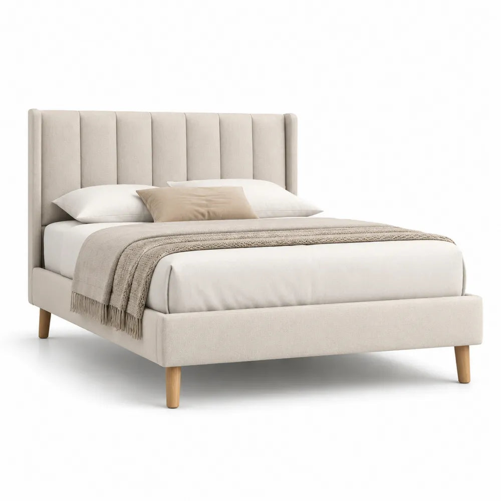 Polsterbett Doppelbett 180 x 200 cm mit vertikal gestepptem Kopfteil Polyester Beige Holzbeine rechteckig