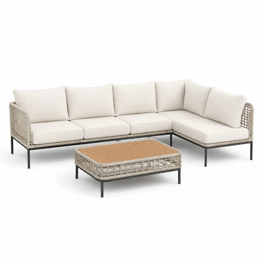 Gartenmöbel Set L-Form Sofa mit Couchtisch 220 x 150 x 75 cm Aluminium PE-Rattan Holzoptik Beige Schwarz Natur 100 x 60 x 40 cm