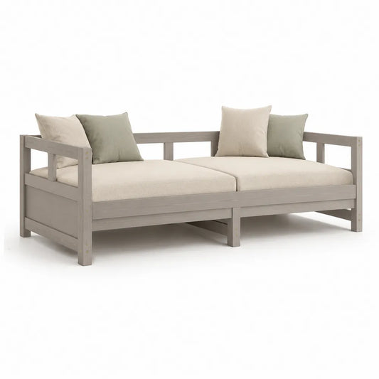 Tagesbett Bettgestell mit Rückenlehne und Armlehnen 90 x 200 cm Massivholz Polyester Grau Beige Holz rechteckig