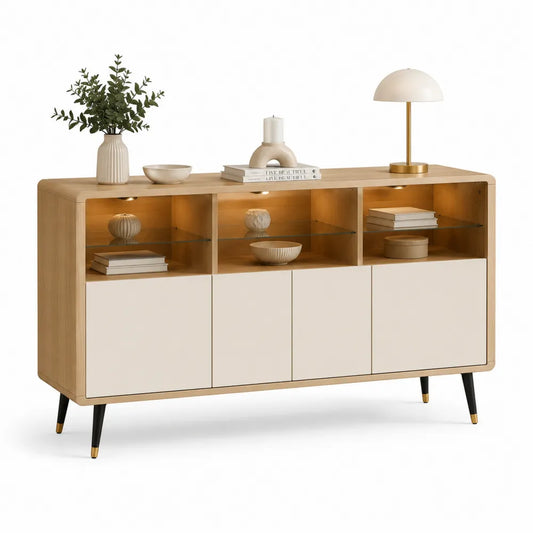 Sideboard LED 170 x 40 x 85 cm Eiche Weiß Glasablagen Metallfüße Schwarz Gold