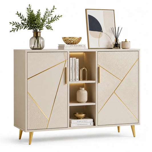 Sideboard Schrank mit Türen und offenem Regal MDF Holzwerkstoff Melaminbeschichtet Goldakzente Metallbeine Beige 120 cm 40 cm 85 cm