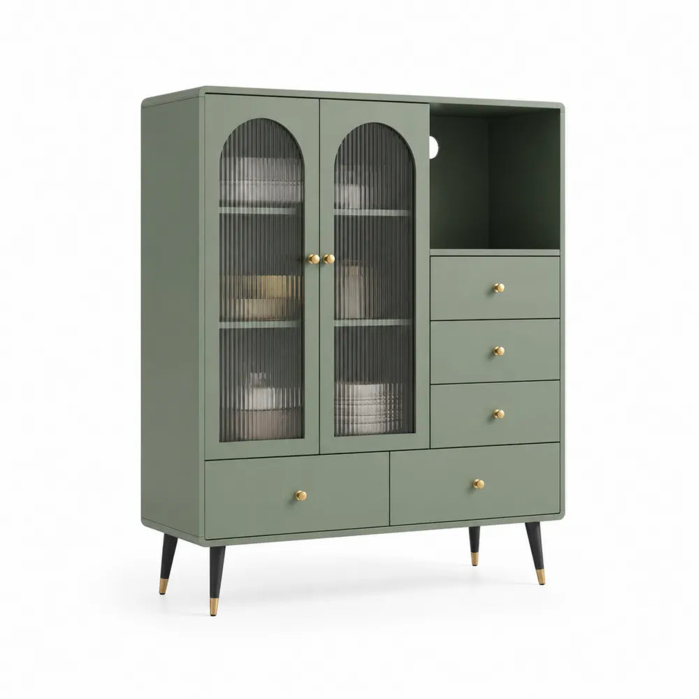 Highboard Vitrine 100 x 40 x 120 cm mit Glastüren Schubladen und offenen Fächern MDF Salbeigrün Goldfarben Metallbeine