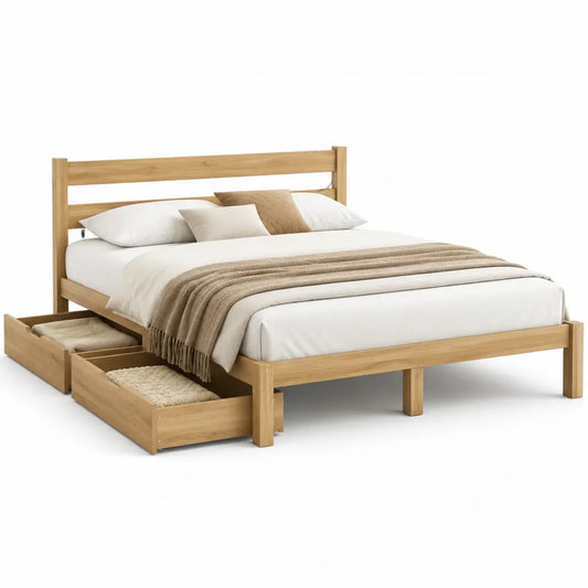 Stauraumbett Bettgestell mit 2 Schubladen 160 x 200 cm Massivholz Holz Eichefarben rechteckig