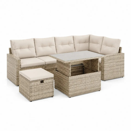 Gartensofa Lounge Set Polyrattan L Form 4-teilig mit Tisch Glasplatte Stauraum Hocker Beige Natur 200 x 140 x 75 cm