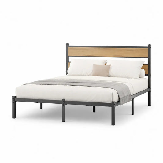 Metallbett Doppelbett 160 x 200 cm Stahlrahmen mit Holzoptik Kopfteil MDF Schwarz Eichenfarben rechteckig