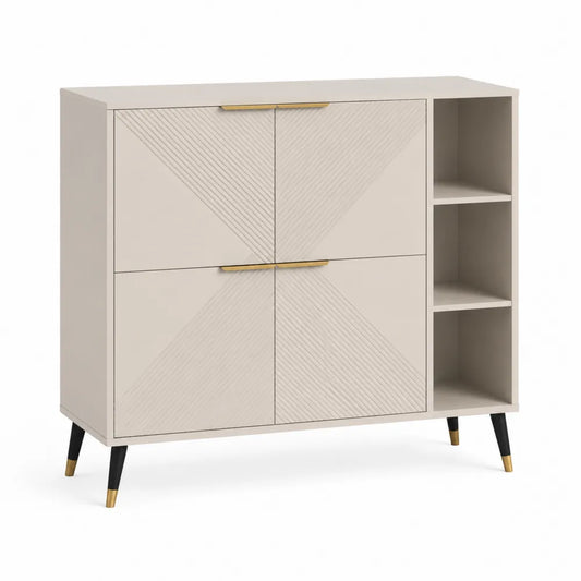 Sideboard Schrank mit Türen und offenem Regal MDF Holzwerkstoff Melaminbeschichtet Metallbeine Schwarz Gold Beige 120 cm 40 cm 85 cm