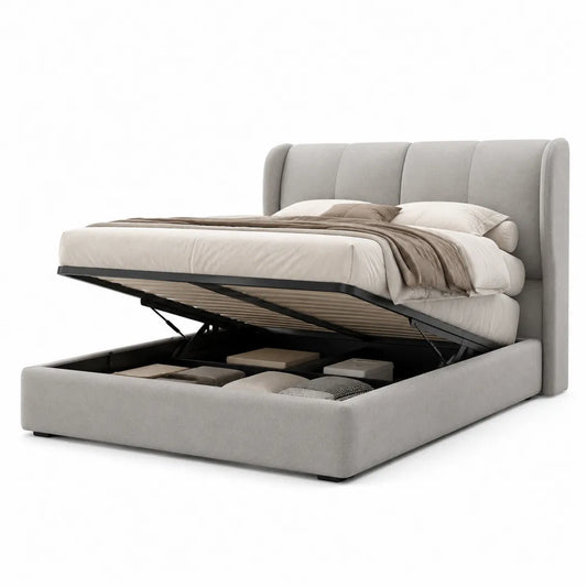 Polsterbett Stauraumbett 180 cm x 200 cm mit Bettkasten und Hebemechanismus Beige rechteckig