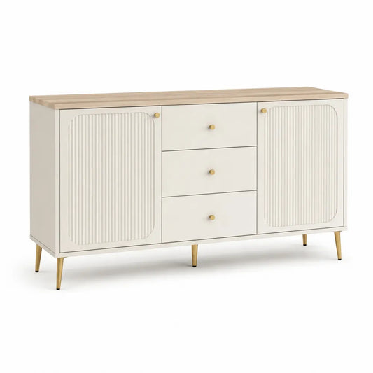 Sideboard 150 x 40 x 85 cm Eichenholzoptik Creme mit 3 Schubladen und 2 Türen geriffelte Front Gold Metallfüße