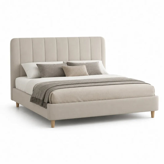 Polsterbett Doppelbett 180 x 200 cm mit vertikal gestepptem Kopfteil Polyester Beige Holzbeine rechteckig