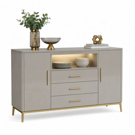 Sideboard 160 x 40 x 80 cm MDF Spanplatte Grau Beige 3 Schubladen 2 Türen Rillenfront LED Beleuchtung Gold Metallfüße