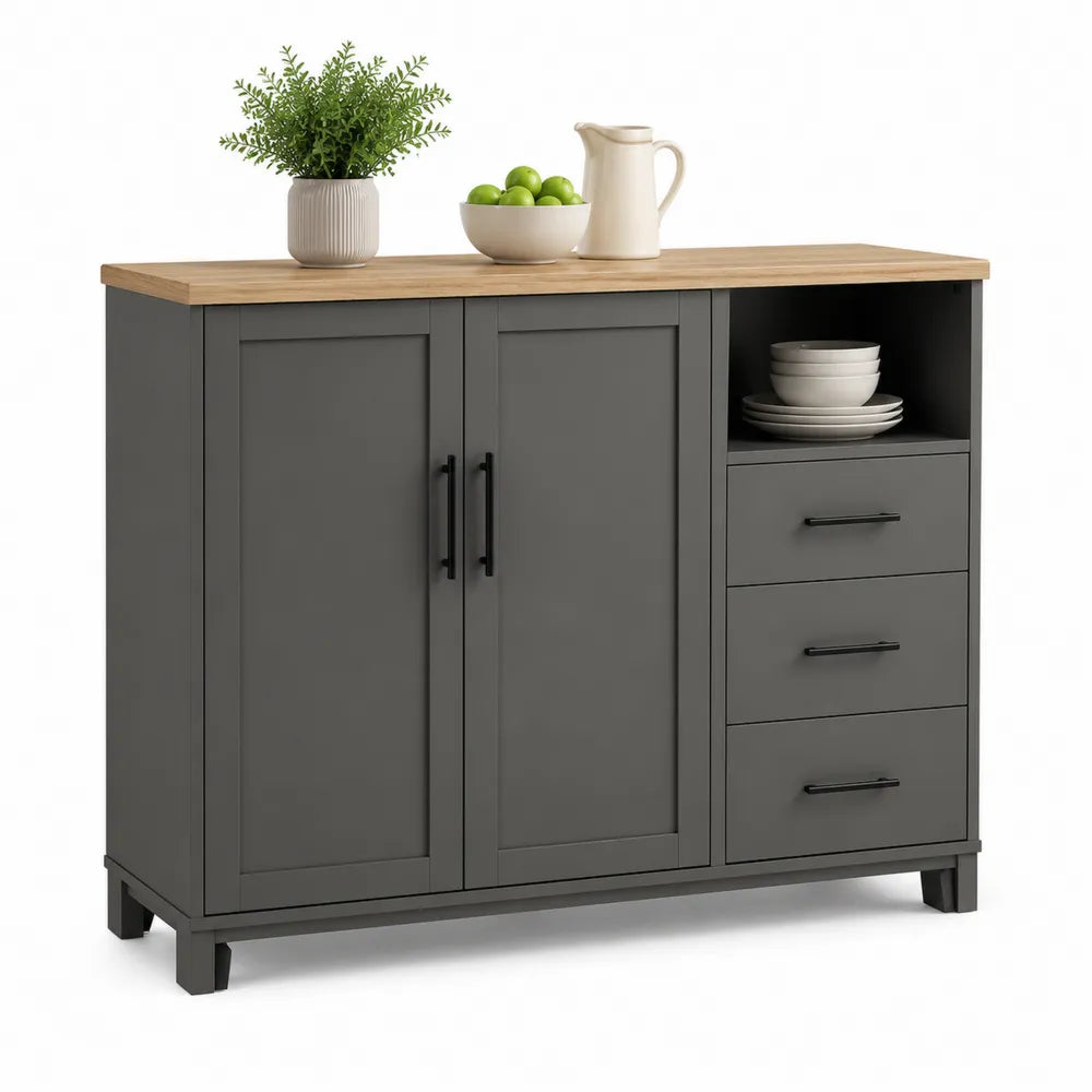 Küchen-Sideboard 120 x 40 x 85 cm Holzwerkstoff mit 2 Türen 3 Schubladen und offenem Fach rechteckig Grau Holzoptik Schwarz