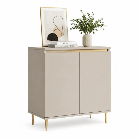 Sideboard 80 x 40 x 90 cm Holzoptik Eiche Beige mit 2 Türen und Metallfüßen Gold