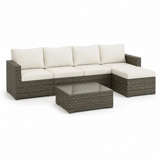 Gartenlounge Set 4-teilig Ecksofa L-Form Polyrattan Aluminium Glas Tisch Beige Grau 220 cm 150 cm 75 cm