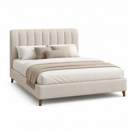 Polsterbett Doppelbett 180 cm 200 cm mit vertikal gesteppter Rückenlehne Holzwerkstoff Polyester Beige Naturholz rechteckig