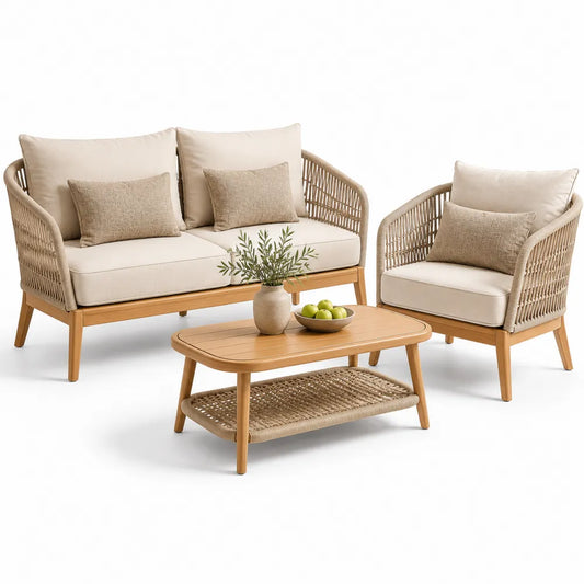 Gartensofa Lounge Set 3-teilig 2-Sitzer Sessel Couchtisch Polyrattan Holz Naturbeige 210 x 150 x 82 cm